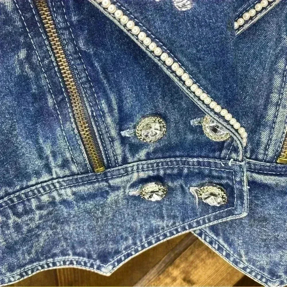 Vintage 80s Denim Jean Jacket Embroidered Double Breasted Acid Wash Size… - Picture 4 of 10